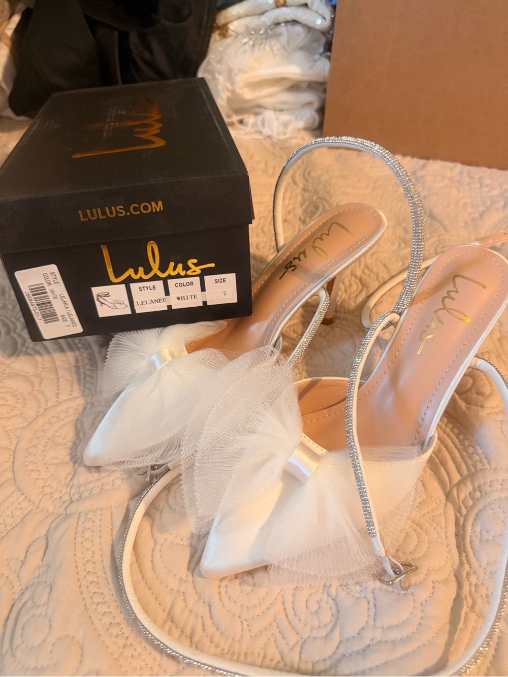 Lulu's White Tulle Slingback Heels with Rhinestone Strap